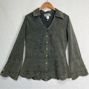 Inca Cottons V neck Scalloped Shirt M Embroidered Top Button Blouse Indigo Blue